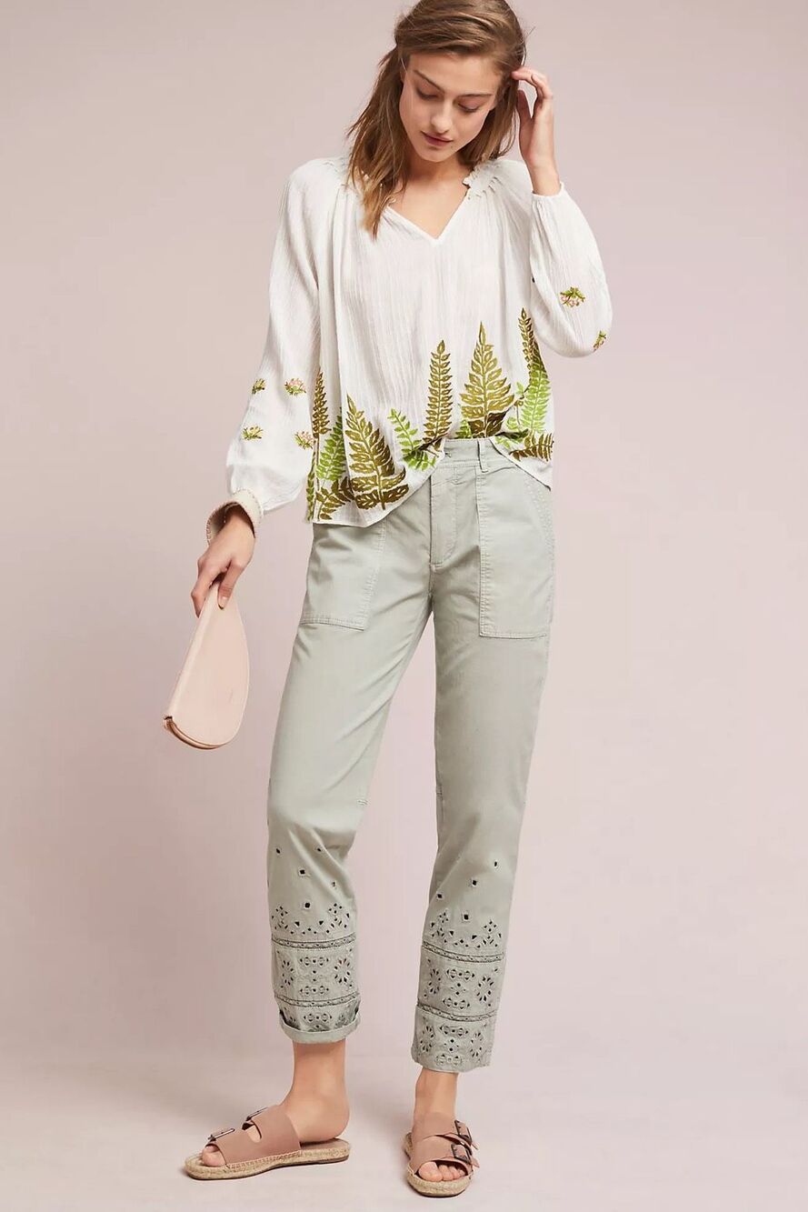 NWT Anthropologie The Wandered Eyelet Utility Boho Light Green Pants Size 26